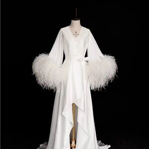 Elegant White Feathered Sleeve Gown